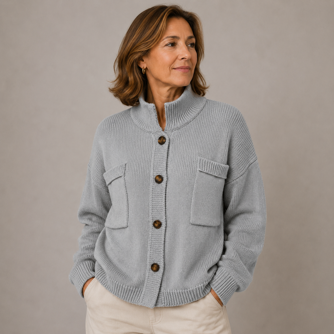 Augusta™ Stand Collar Button Cardigan in gray, front view