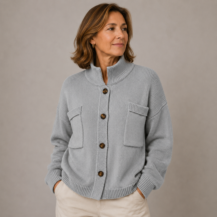 Augusta™ Stand Collar Button Cardigan in gray, front view