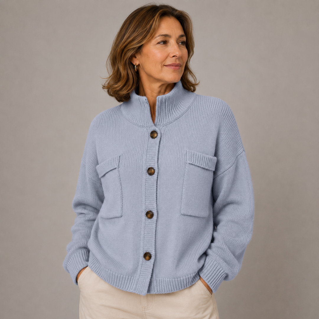Augusta™ Stand Collar Button Cardigan in light blue, front view