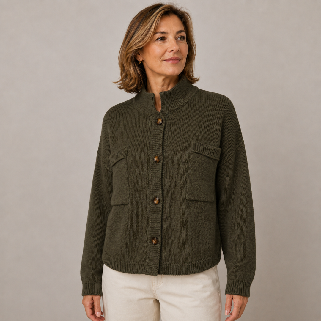 Augusta™ Stand Collar Button Cardigan in olive, front view