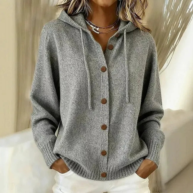Goldie™ Hooded Button Cardigan in Grey, shown on a model