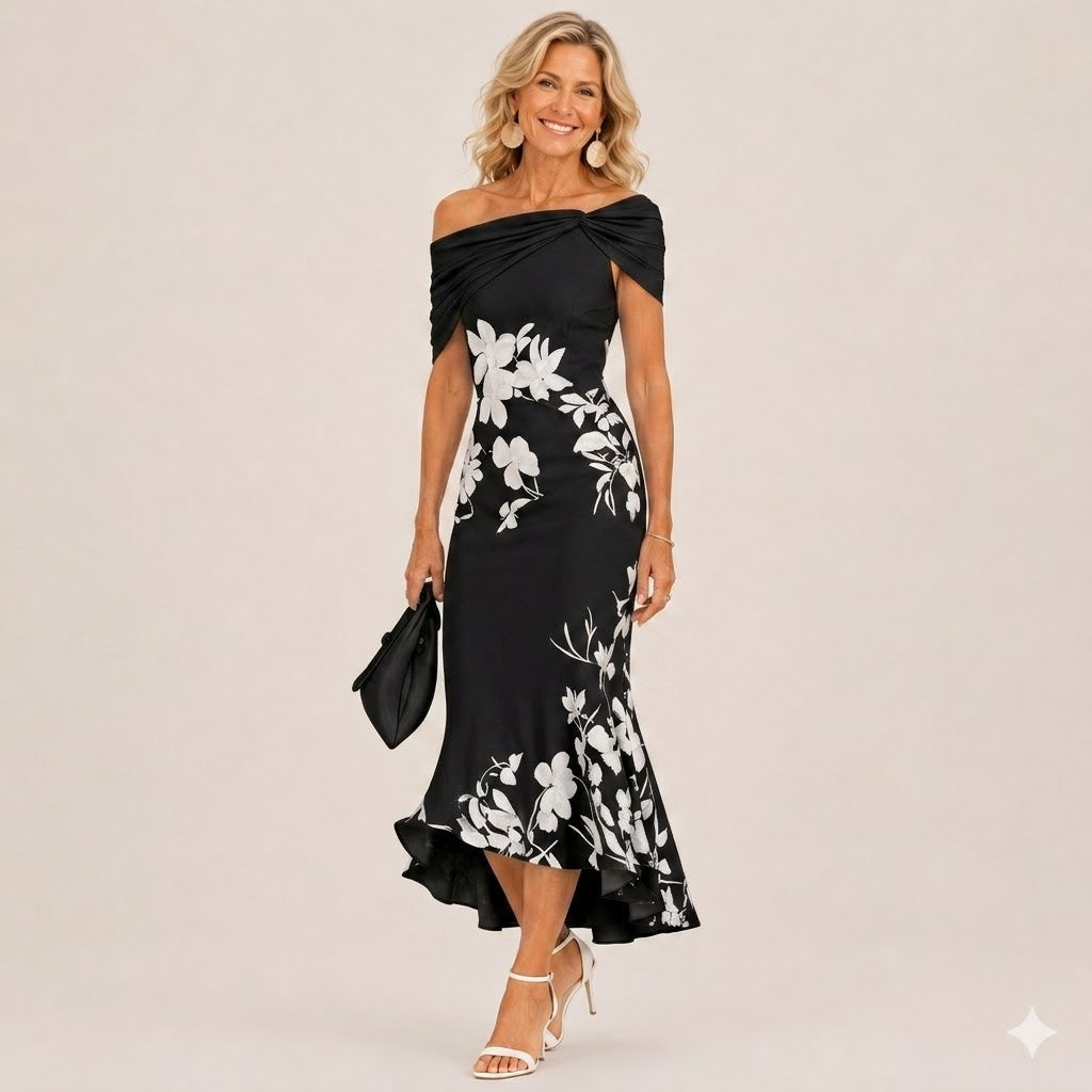 Loretta™ Floral Off-Shoulder Midi Dress in black, front view