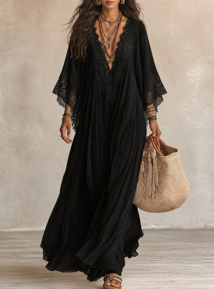 Colette™ Lace Trim Kaftan Maxi Dress in black, front view