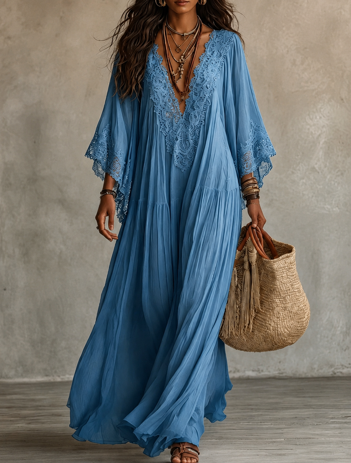 Colette™ Lace Trim Kaftan Maxi Dress in blue, front view