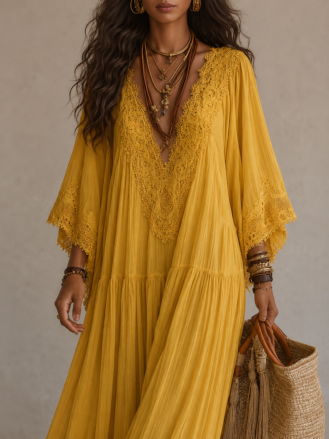 Colette™ Lace Trim Kaftan Maxi Dress showing the lace at the neckline