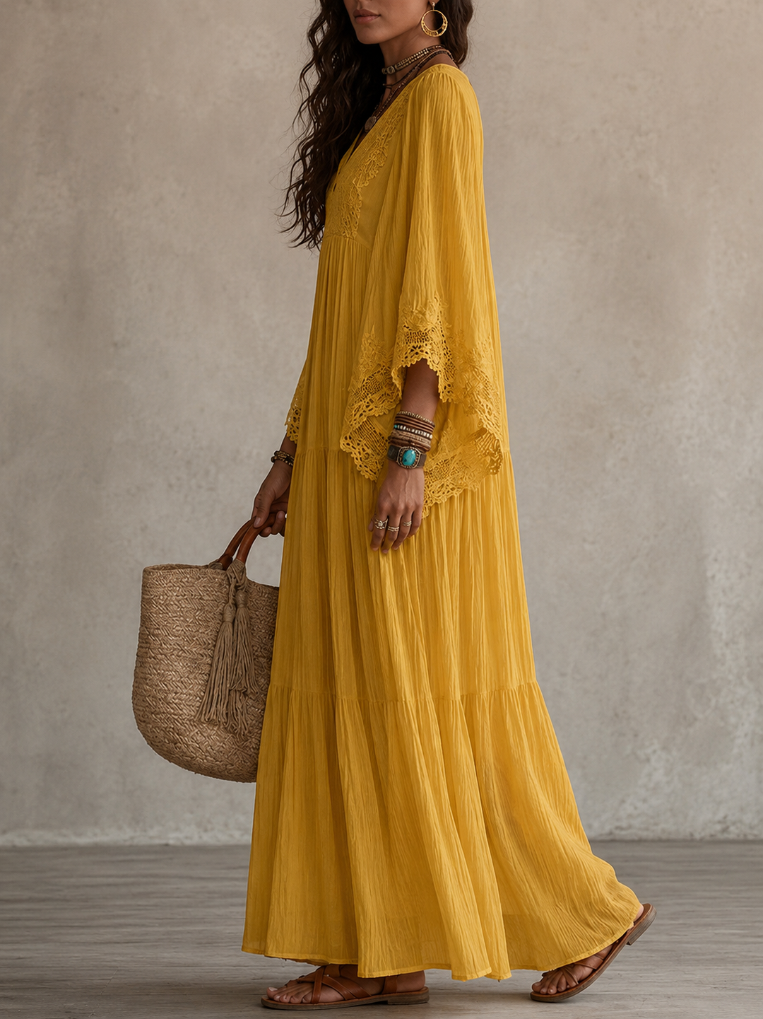 Colette™ Lace Trim Kaftan Maxi Dress showing the wide sleeve
