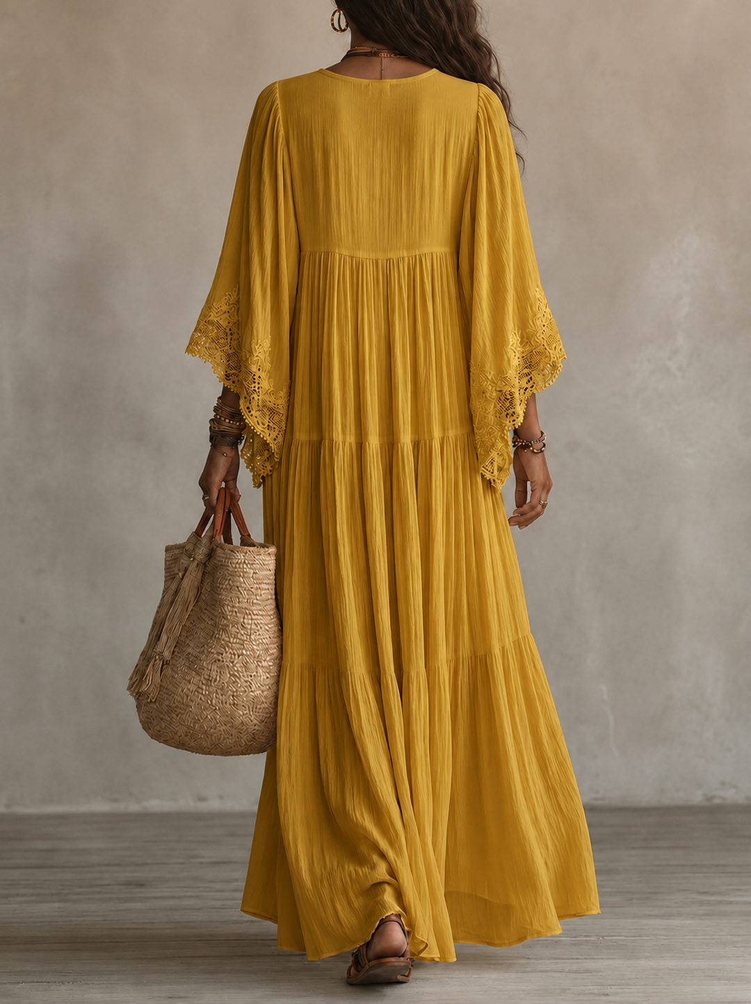 Colette™ Lace Trim Kaftan Maxi Dress showing the ruffled lower layers