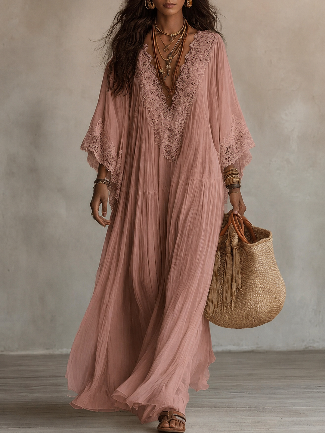 Colette™ Lace Trim Kaftan Maxi Dress in pink, front view