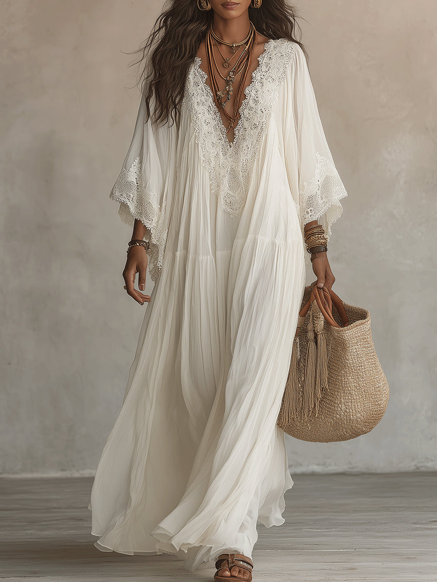 Colette™ Lace Trim Kaftan Maxi Dress in white, front view