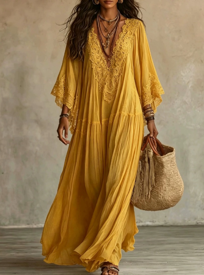 Colette™ Lace Trim Kaftan Maxi Dress in yellow, front view