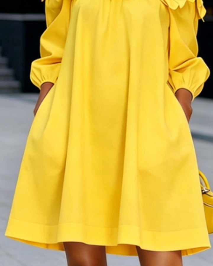 Rhoda™ Off-Shoulder Floral Appliqué Dress in yellow, showing the loose skirt