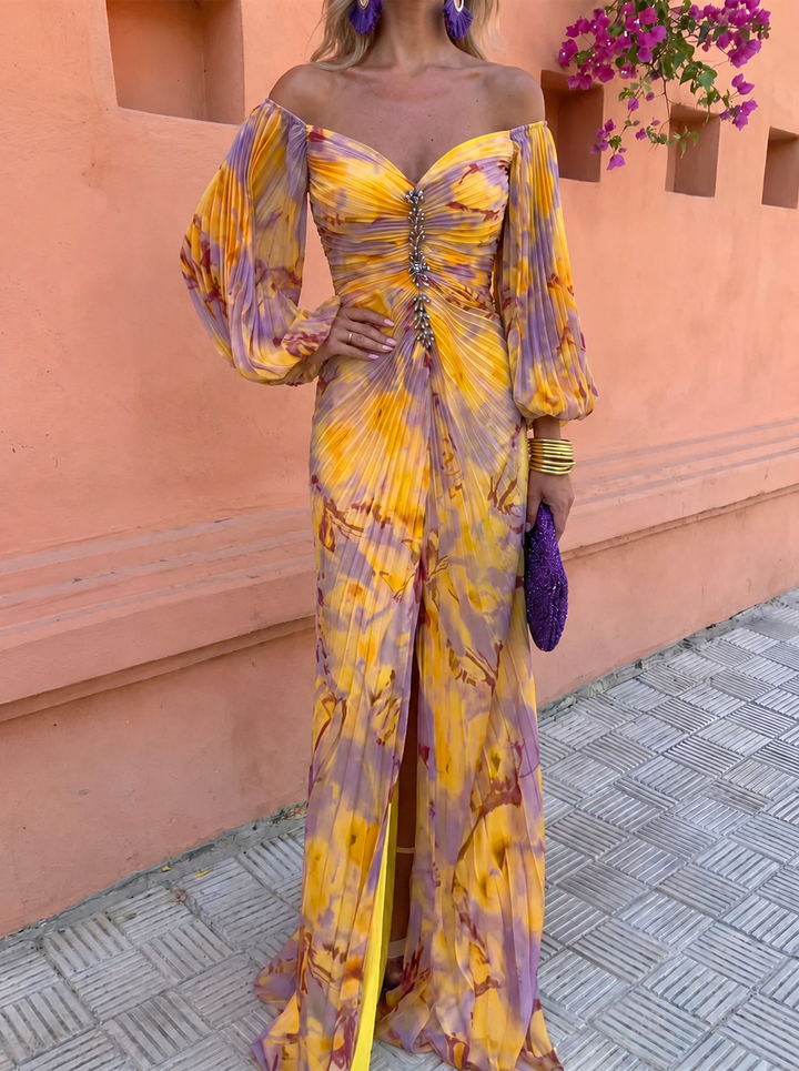 Doreen™ Off-Shoulder Pleated Floral Maxi Dress showing the ruched front and the slit