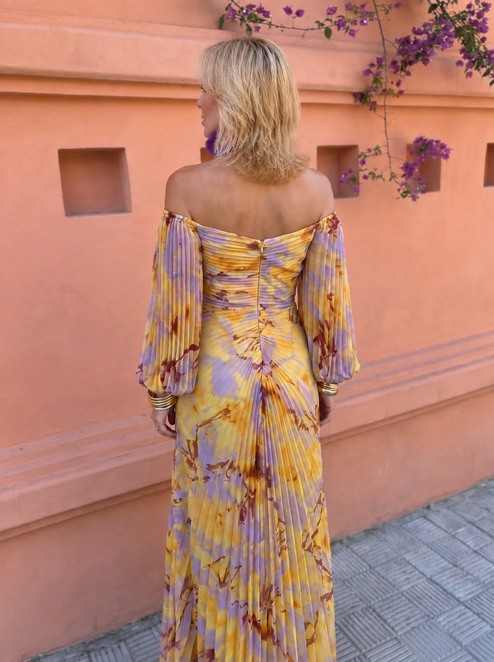 Doreen™ Off-Shoulder Pleated Floral Maxi Dress, back view