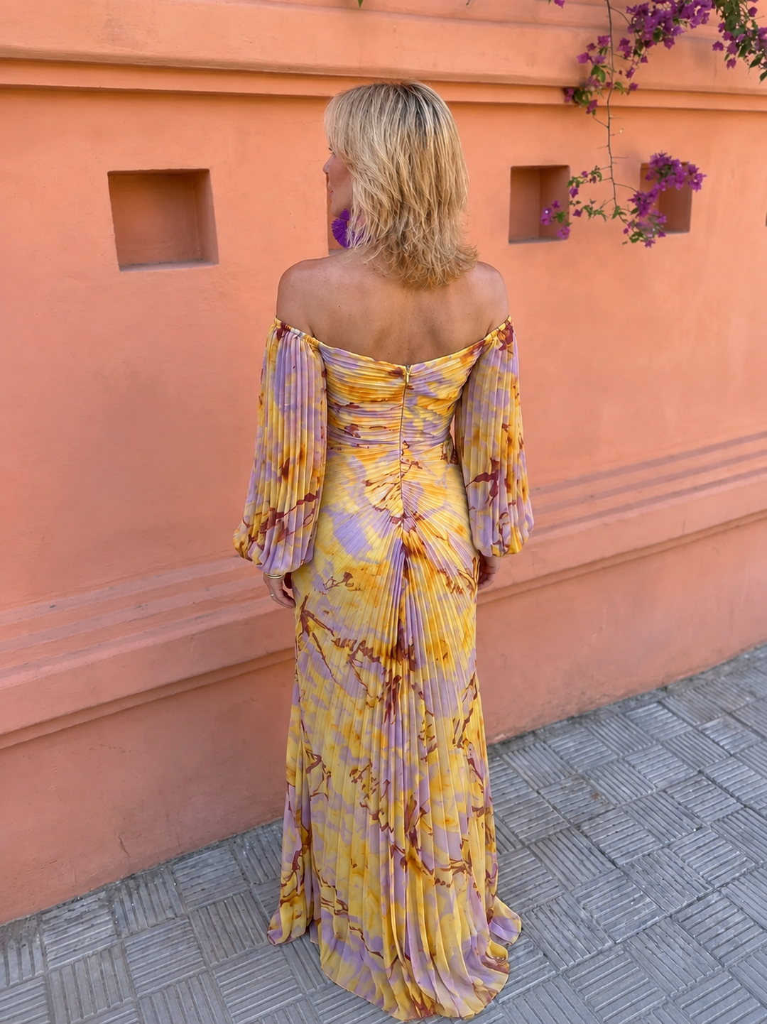 Doreen™ Off-Shoulder Pleated Floral Maxi Dress showing the pleated sleeves