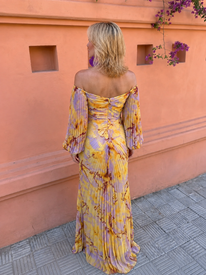Doreen™ Off-Shoulder Pleated Floral Maxi Dress showing the pleated sleeves