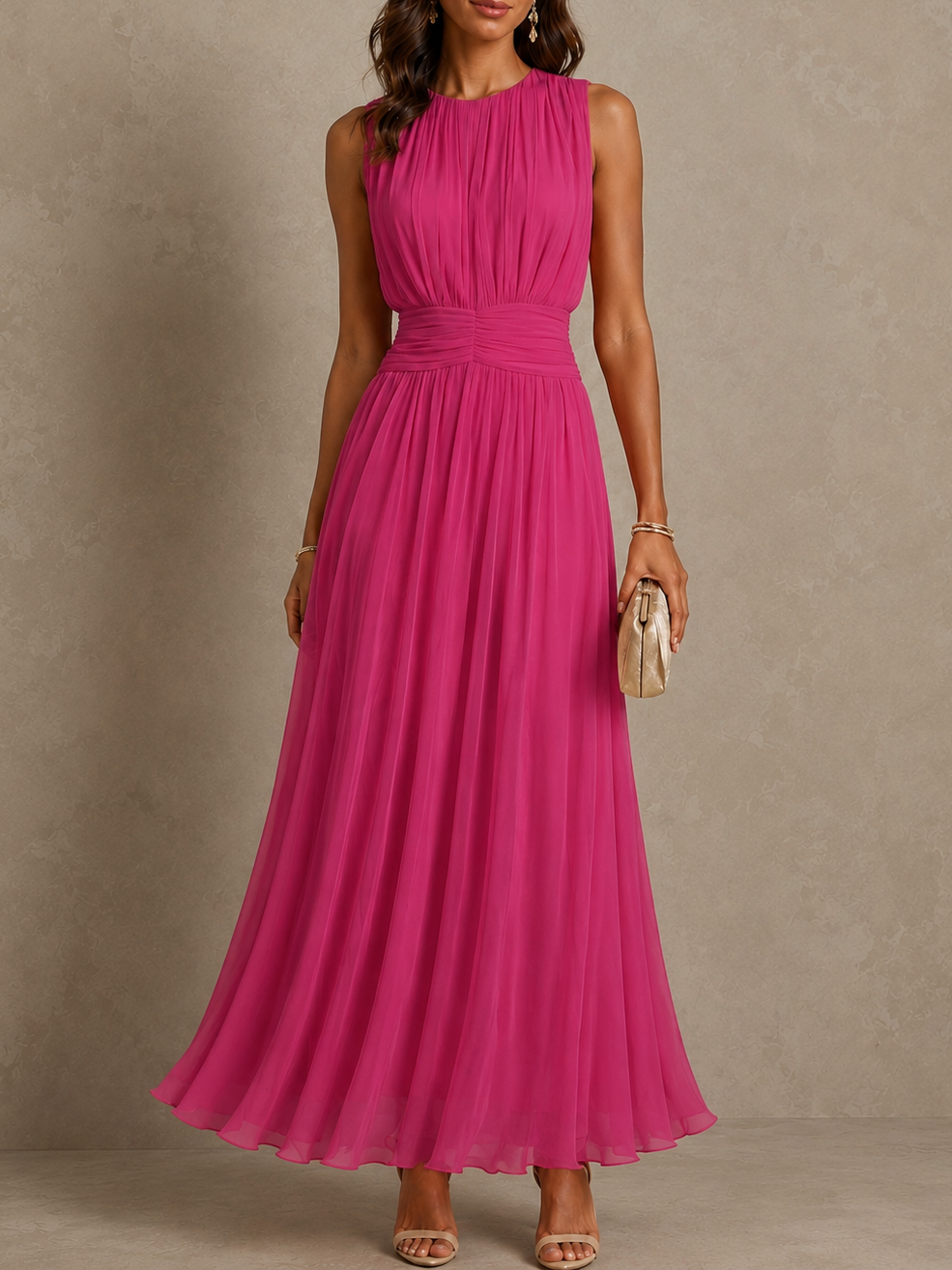 Roxanne™ Ruched Waist Sleeveless Maxi Dress in Pink, full length
