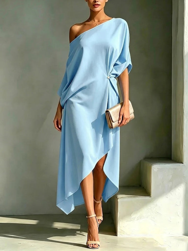 Edna™ One-Shoulder Asymmetric Midi Dress in blue, front view