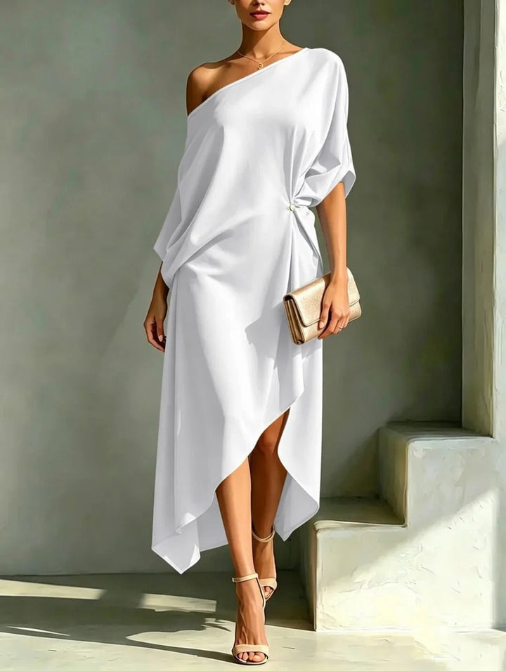 Edna™ One-Shoulder Asymmetric Midi Dress in white, front view