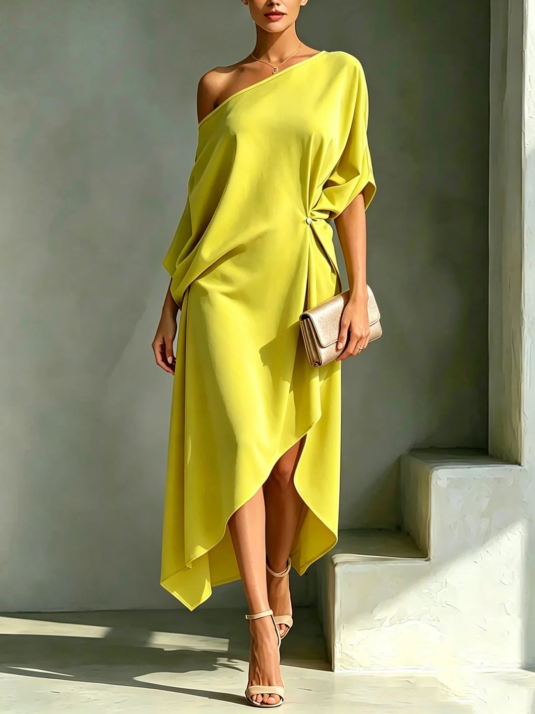 Edna™ One-Shoulder Asymmetric Midi Dress in yellow, front view