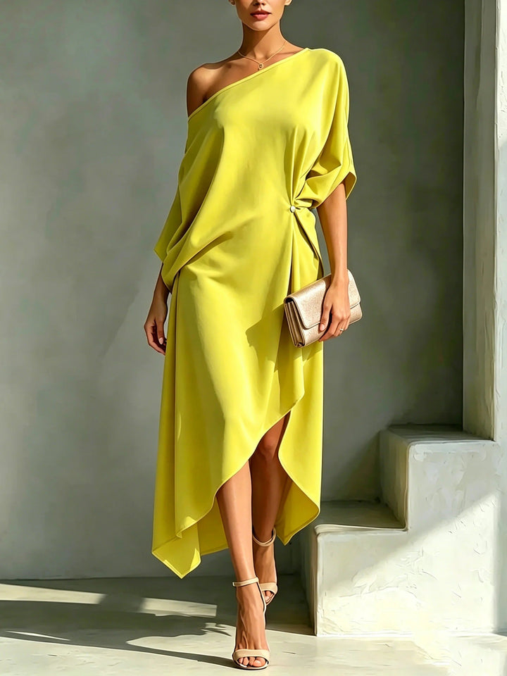 Edna™ One-Shoulder Asymmetric Midi Dress in yellow, front view