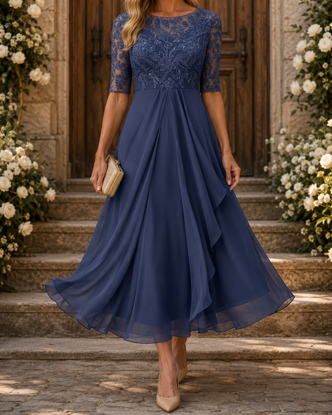 Effie™ Lace Bodice Midi Dress showing the lace bodice and sleeves