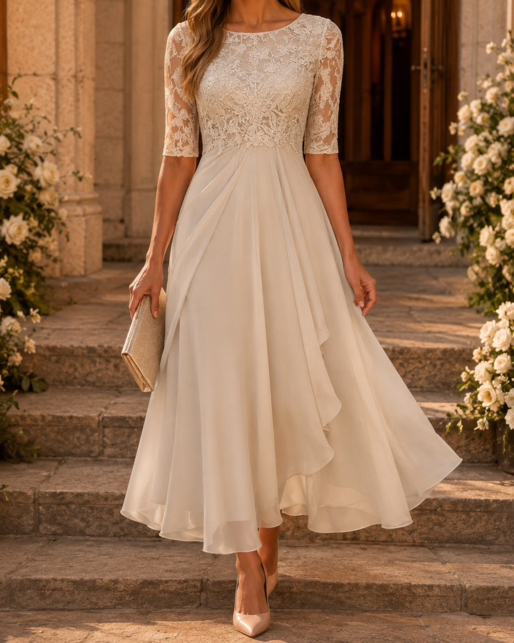 Effie™ Lace Bodice Midi Dress showing the layered skirt