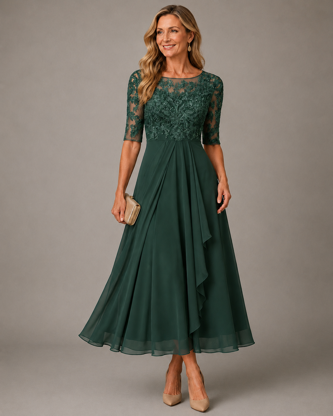 Effie™ Lace Bodice Midi Dress in green, front view