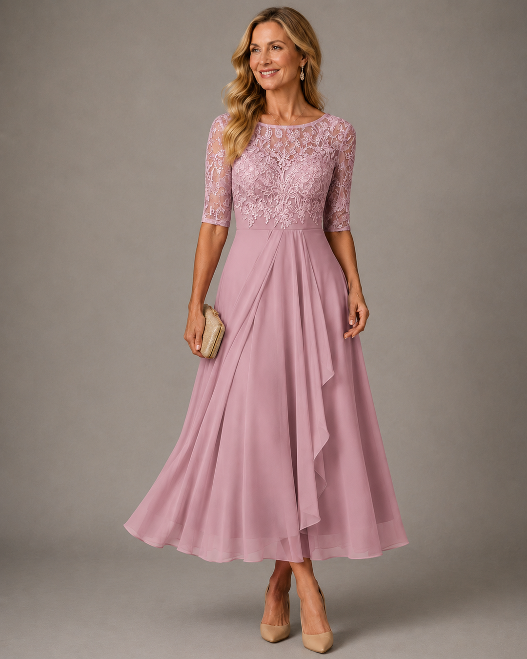 Effie™ Lace Bodice Midi Dress in pink, front view