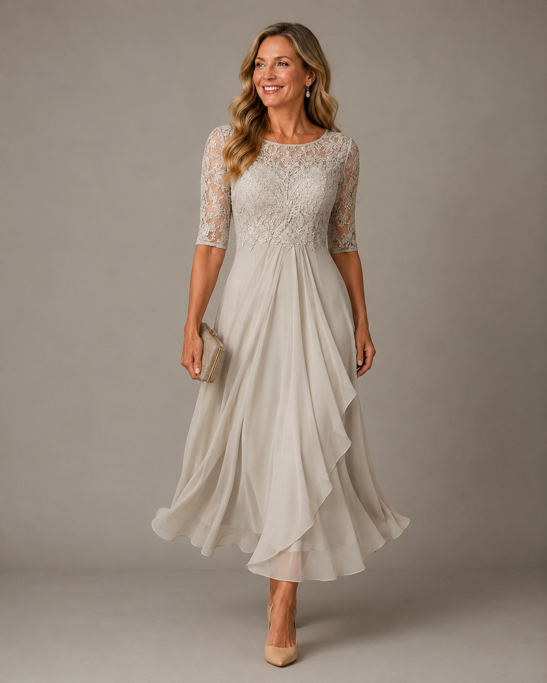 Effie™ Lace Bodice Midi Dress in white, front view