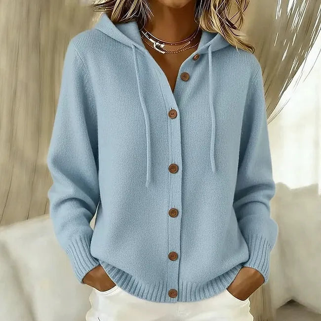 Goldie™ Hooded Button Cardigan in Light Blue, shown on a model