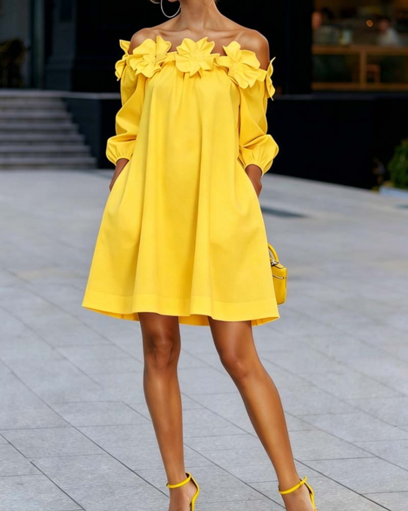 Rhoda™ Off-Shoulder Floral Appliqué Dress in yellow, front view