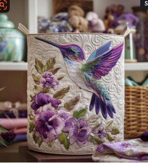 Lavonne™ Purple Blossom Quilted Laundry Basket, hummingbirds among large purple and lilac blossoms