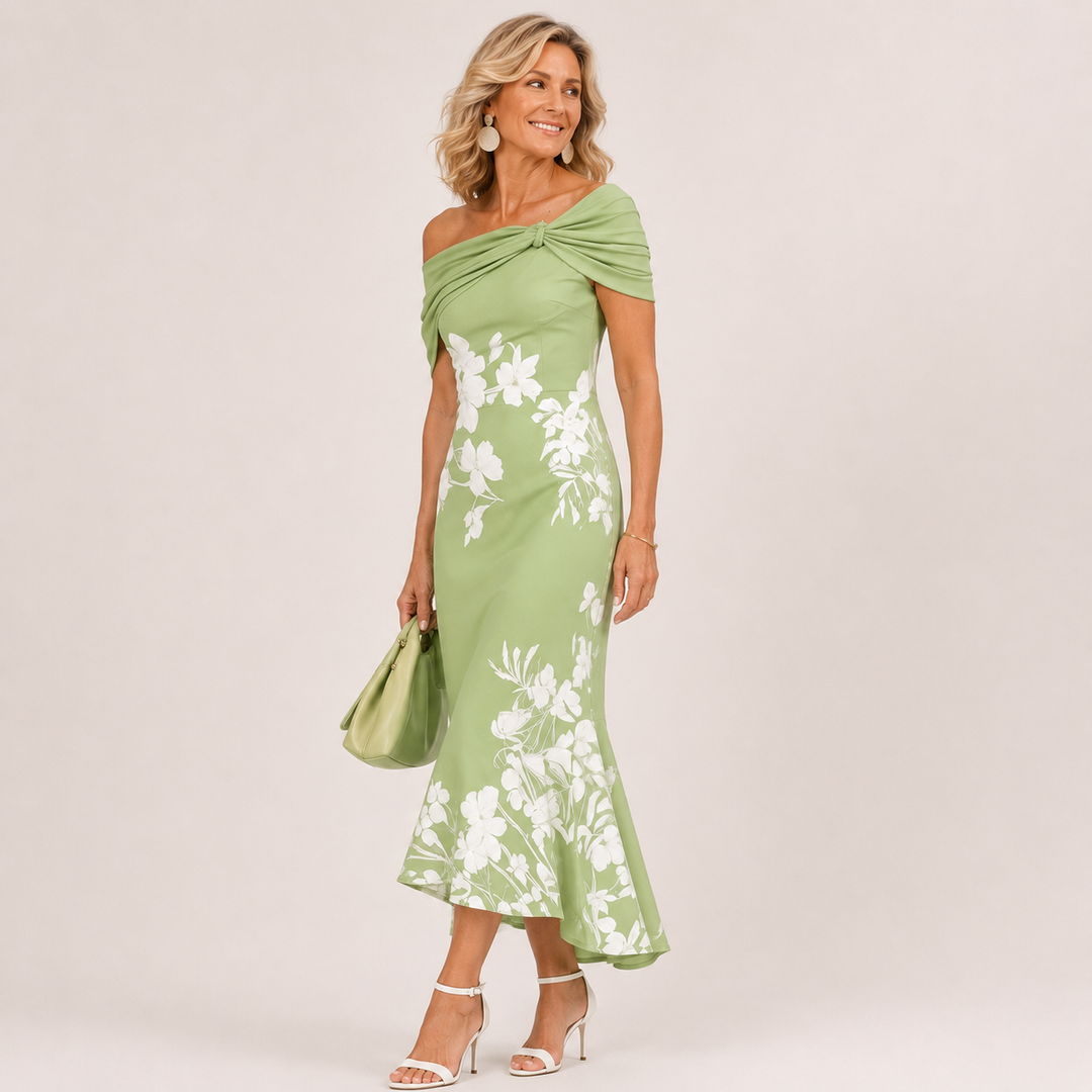 Loretta™ Floral Off-Shoulder Midi Dress in green, side view