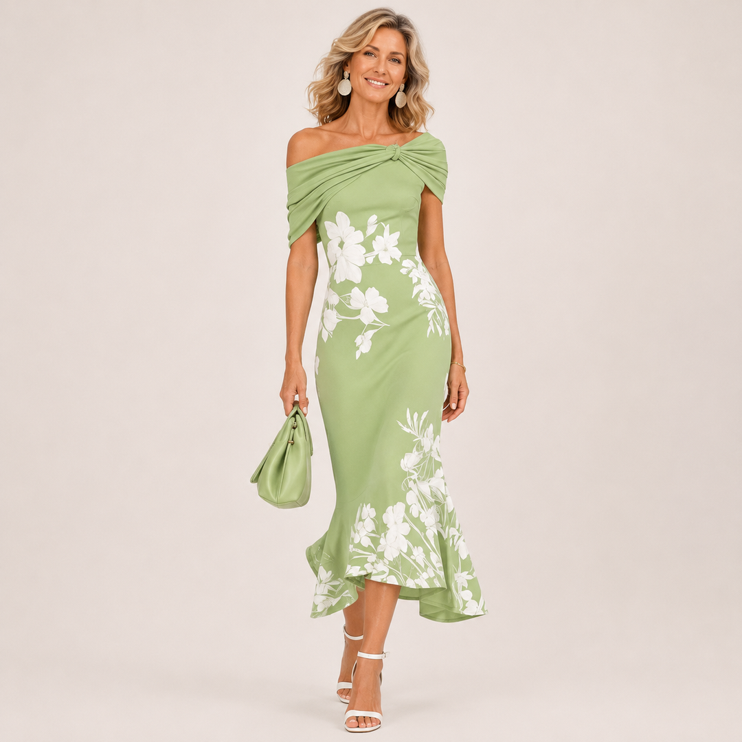 Loretta™ Floral Off-Shoulder Midi Dress in green, front view