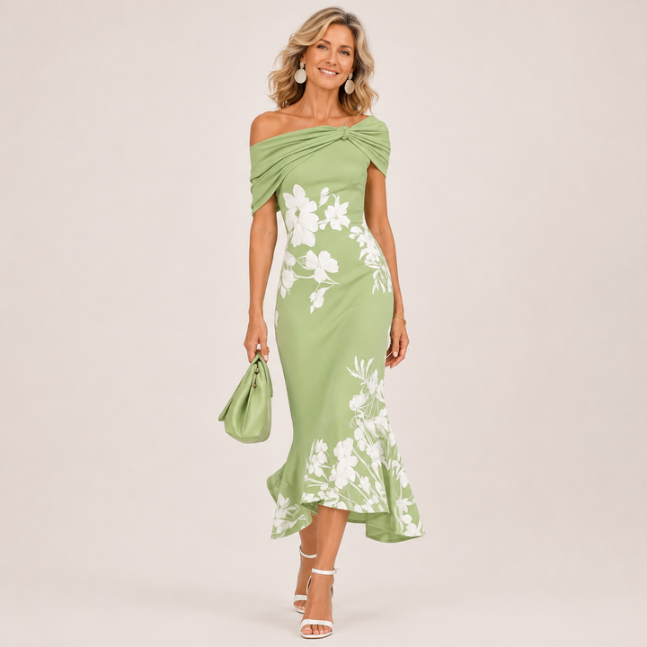 Loretta™ Floral Off-Shoulder Midi Dress in green, front view
