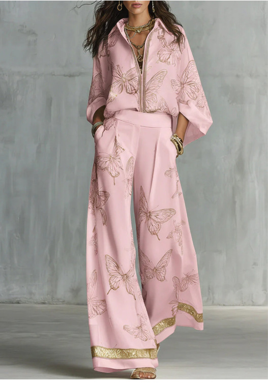 Prudence™ Gilded Butterfly Print Wide-Leg Two-Piece Set in Pink, full outfit