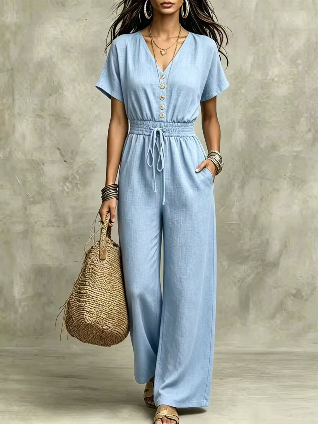 Etta™ V-Neck Wide-Leg Jumpsuit in light blue, front view
