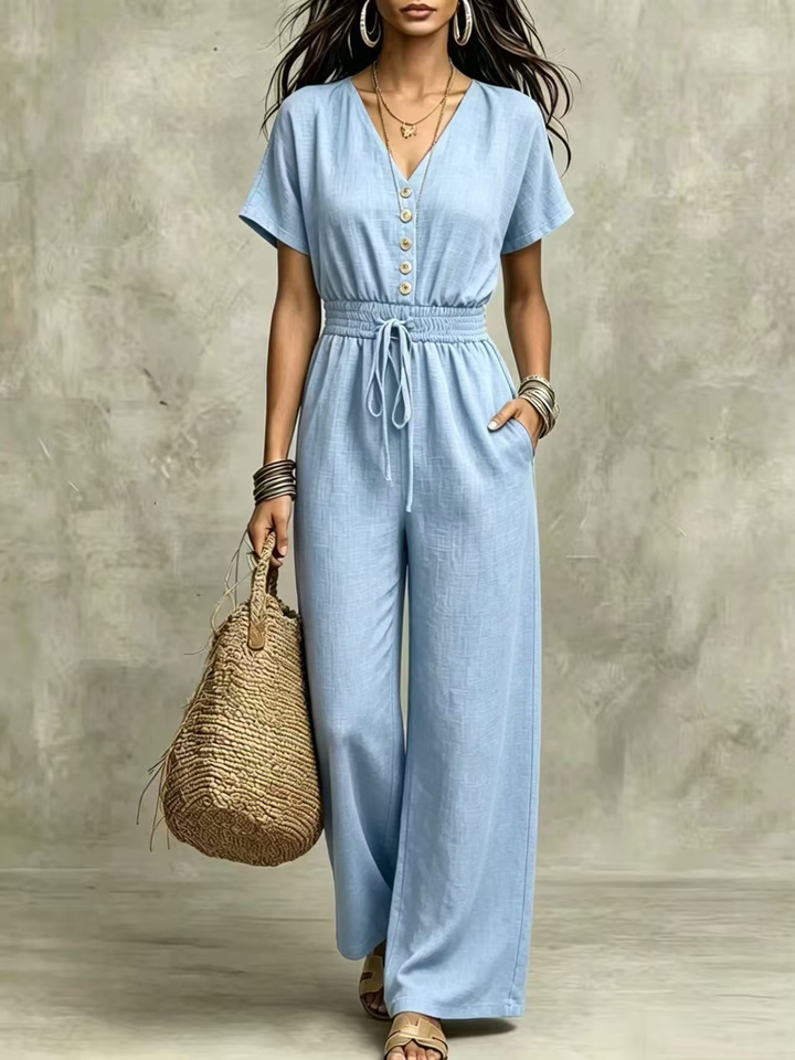 Etta™ V-Neck Wide-Leg Jumpsuit in light blue, front view