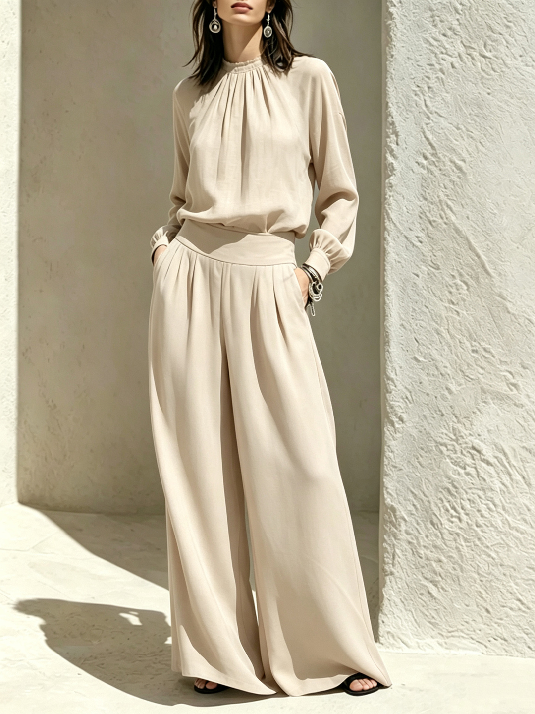 Bertha™ Gathered Neck Wide-Leg Two-Piece Set in Cream, full outfit