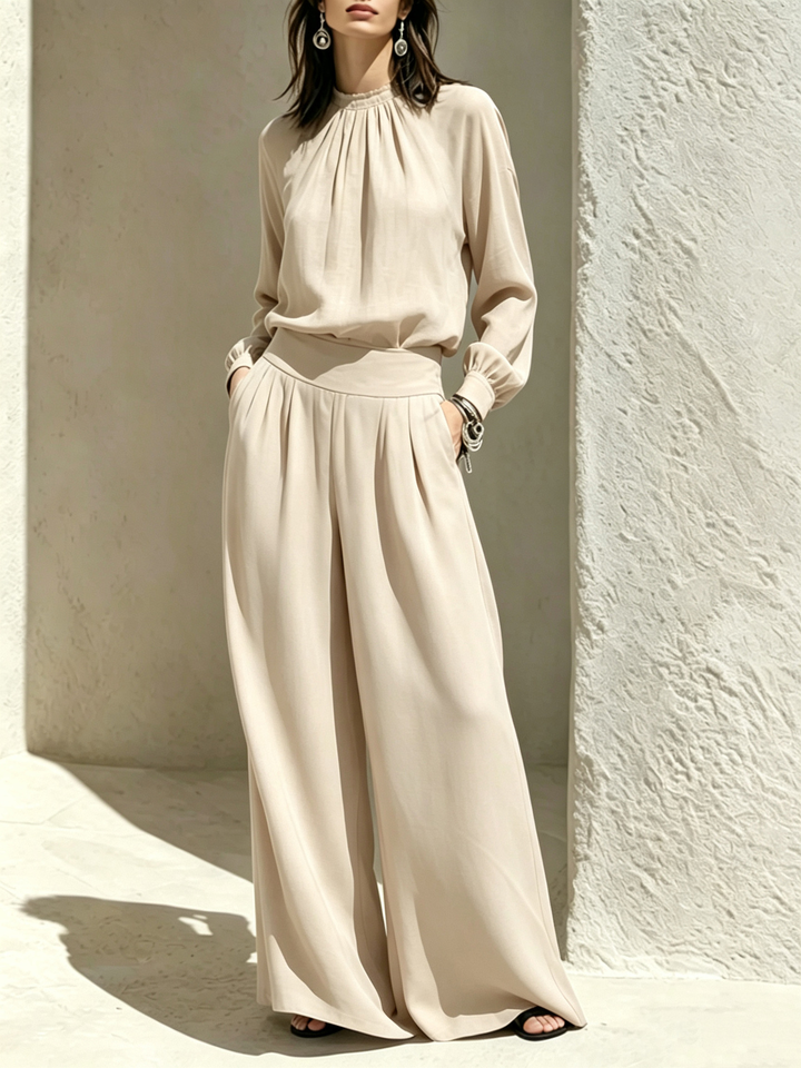 Bertha™ Gathered Neck Wide-Leg Two-Piece Set in Cream, full outfit