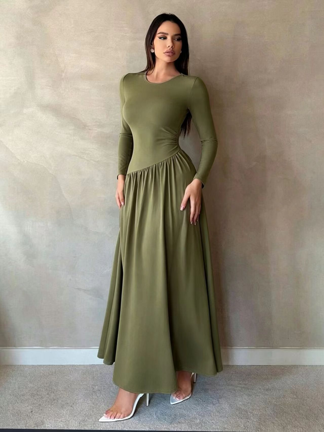 Maxine™ Gathered Waist Long Sleeve Maxi Dress in olive, full length view