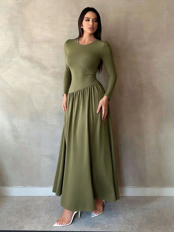 Maxine™ Gathered Waist Long Sleeve Maxi Dress in olive, full length view