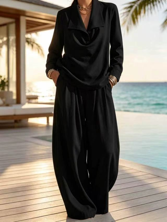 Ottilie™ Collared Pullover Top and Wide Leg Pants Set in black, full length view