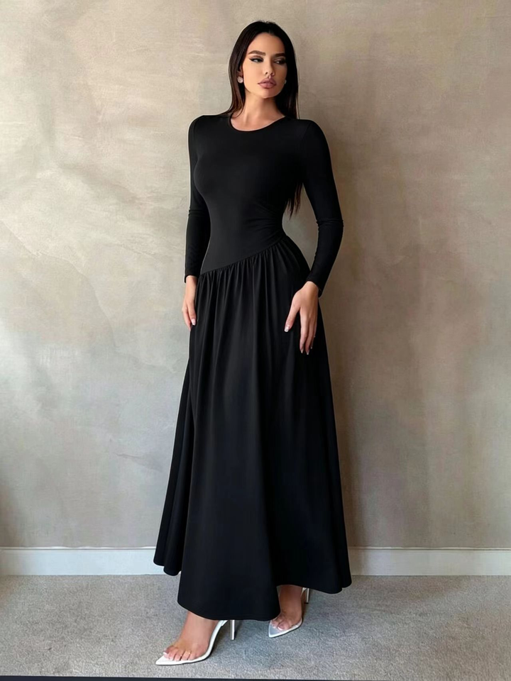 Maxine™ Gathered Waist Long Sleeve Maxi Dress in black, full length view