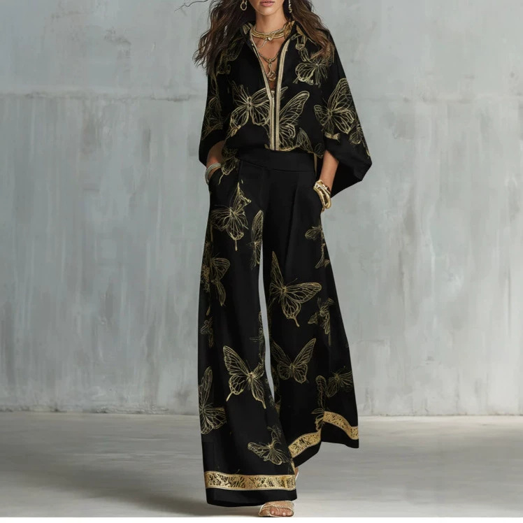 Prudence™ Gilded Butterfly Print Wide-Leg Two-Piece Set in Black, full outfit