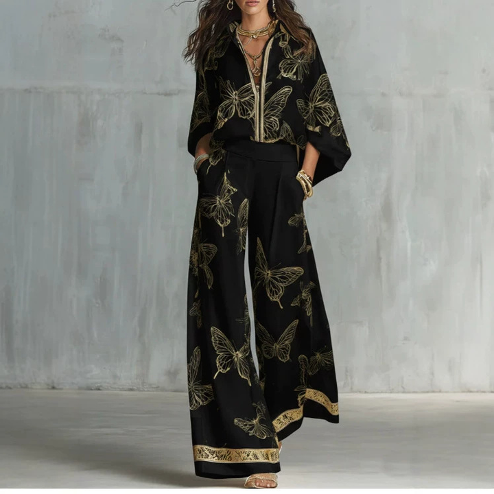 Prudence™ Gilded Butterfly Print Wide-Leg Two-Piece Set in Black, full outfit