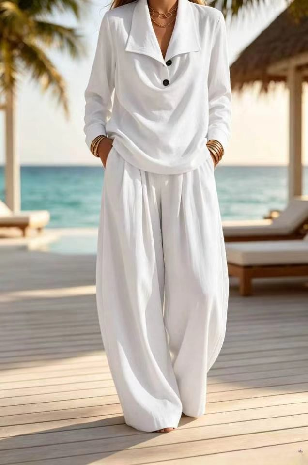 Ottilie™ Collared Pullover Top and Wide Leg Pants Set in white, full length view
