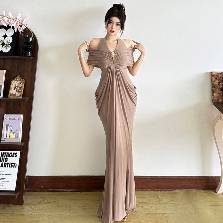 Ernestine™ Draped Halter Cold-Shoulder Maxi Dress in Mauve, full length