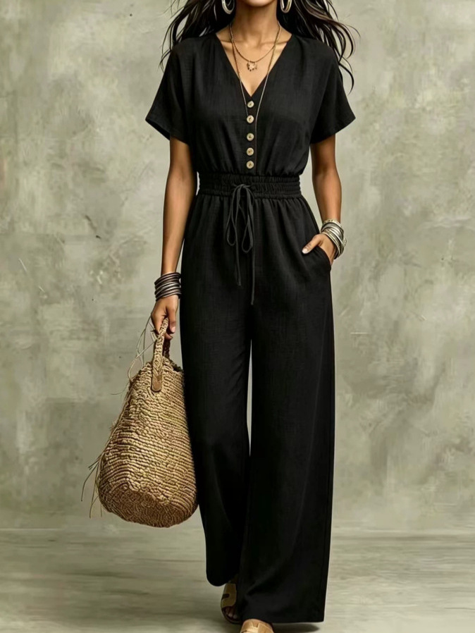Etta™ V-Neck Wide-Leg Jumpsuit in black, front view