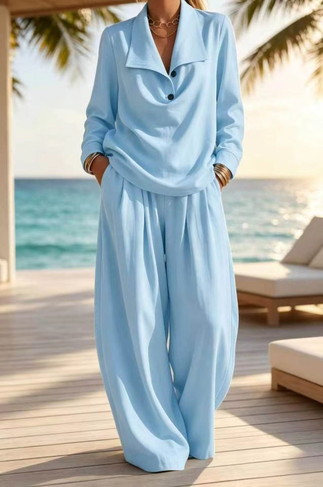 Ottilie™ Collared Pullover Top and Wide Leg Pants Set in light blue, full length view